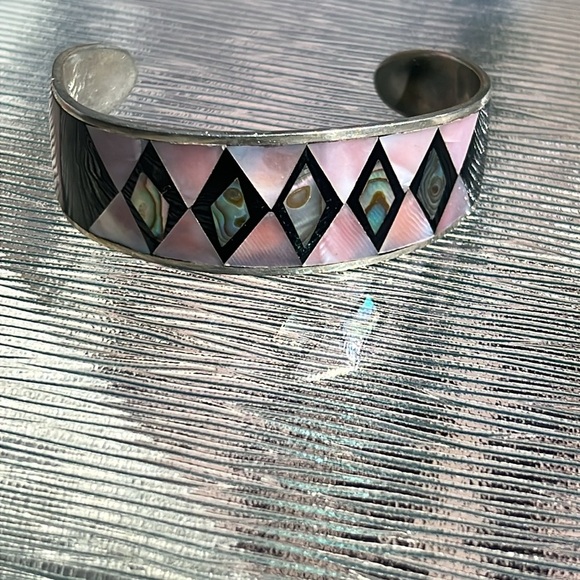 Vintage Alpaca Mexico Cuff Bracelet – Abalone & Mother of Pearl Inlay - Picture 2 of 3